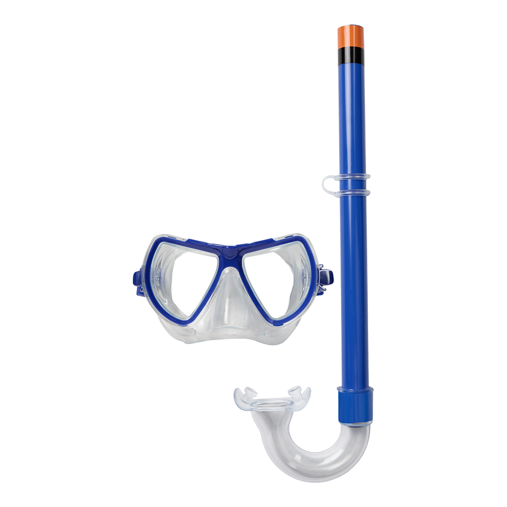 Et snorkel sæt bestående af en blå dykker maske og matchende snorkel vises på et klart baggrund. Masken har stor dobbeltrude og gennemsigtig silikonekant for tæt forsegling omkring næse og ansigt, mens snorklen har en ergonomisk mundstykke og klar slange med orange top for synlighed. Sættet er let, justerbart og velegnet til både begyndere og fritidsdykkere til snorkling ved kysten.