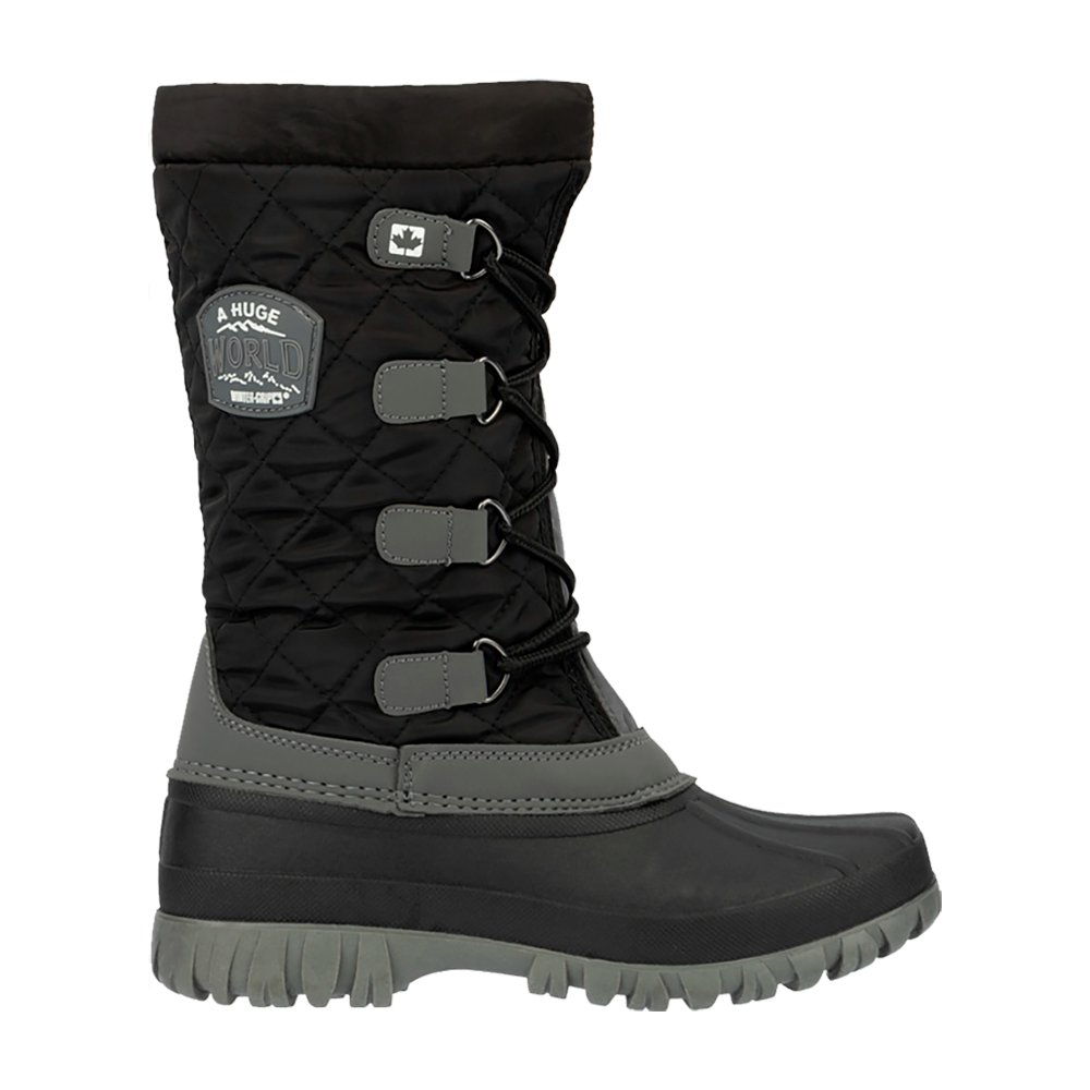 Sort og grå vinterstøvle med højt skaft, der kombinerer gummi i underdelen med quiltet tekstil øverst. Støvlen har justerbare snørebånd med metaløjer, kraftig mønstret ydersål og synlig syning ved skaftet. Designet virker vandtæt og isolerende, velegnet til sne og våde forhold. Et praktisk og robust valg til kolde dage, hvor komfort og funktionalitet prioriteres.