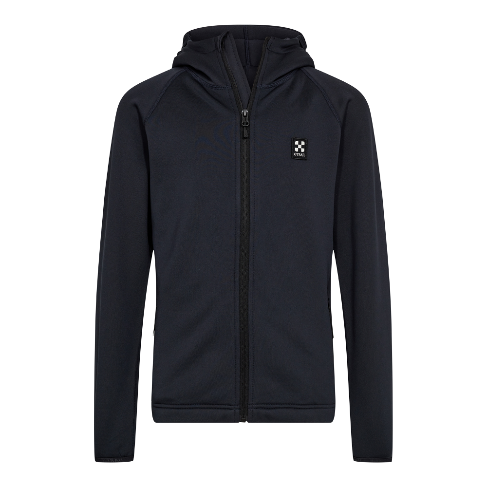 Mørkeblå hættetrøje med hel lynlås, enkel og funktionel. Jakken har tynde lange ærmer, en tætsiddende, let figursyet pasform og diskret hætte. Et lille firkantet logo på venstre bryst giver et sporty præg. Lynlåse i siderne antyder lommer, og stoffet ser blødt og teknisk ud — velegnet til hverdagsbrug eller udendørs træning i køligt vejr.