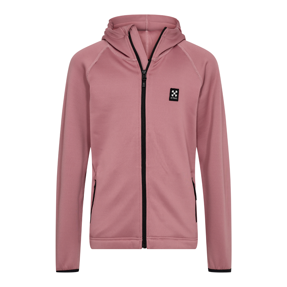 Lyserød/mørkrosa hættetrøje i let, teknisk stof med fuld længde sort lynlås og integreret hætte. Jakken har raglanærmer, to diagonale lynlåslommer med sorte kanter og et diskret firkantet logo på brystet. Snittet er enkelt og tætsiddende, ideelt til aktivt brug eller som hverdagsjakke. Materialet ser blødt og smidigt ud, nem at kombinere med både træningsbukser og jeans.