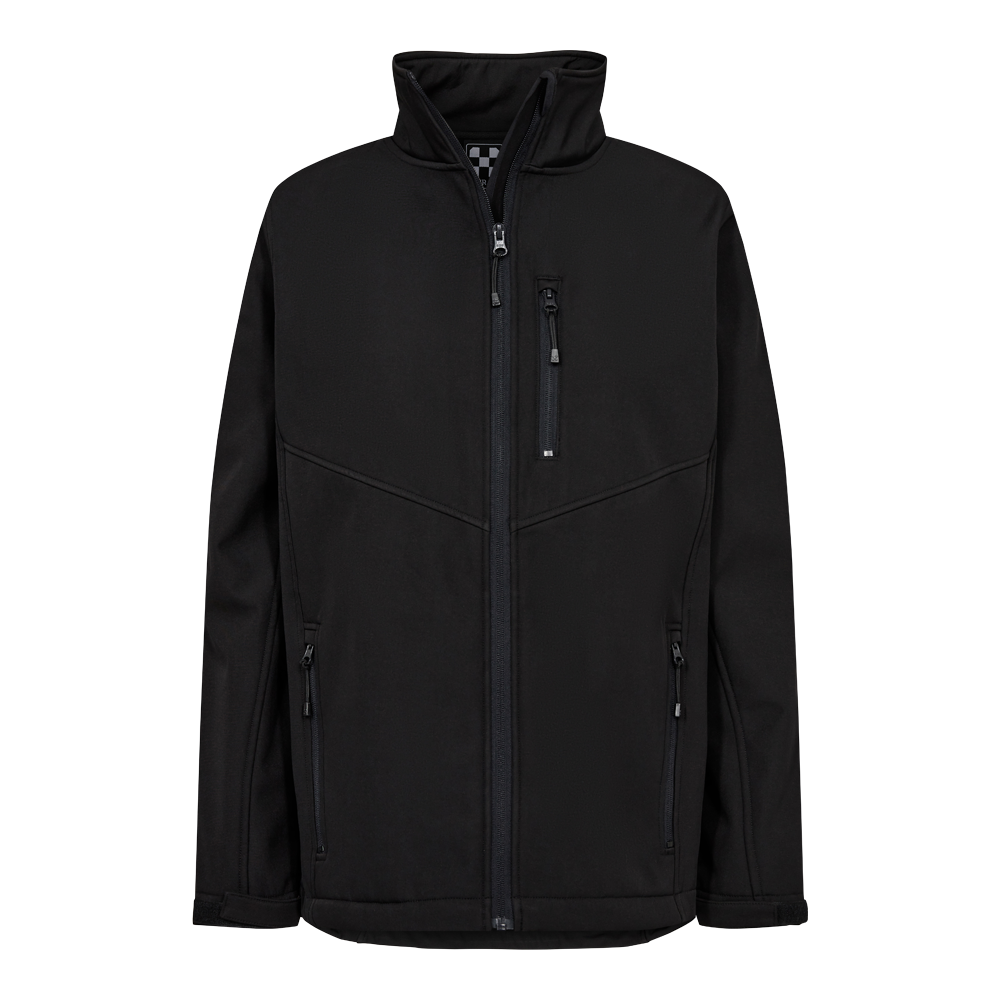 En klassisk, sort softshell-jakke med høj krave og fuld lynlås. Jakken har et rent, minimalistisk snit med synlige lynlåslommer på brystet og i siderne samt diskrete dekorsømme, der skaber et let V-formet udtryk over brystet. Materialet virker robust og vindafvisende, velegnet til udendørs brug i hverdagen. Justerbare manchetter og en afslappet pasform gør den både praktisk og alsidig.