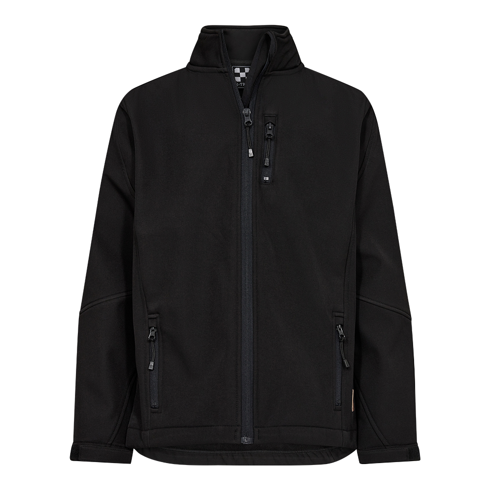 Sort softshell-jakke i enkel, funktionel stil. Høj krave, central lynlås og en lille brystlomme med lynlås samt to sidelommer giver praktisk opbevaring. Materialet fremstår robust, vindtæt og let vandafvisende med tætsiddende pasform og justerbare manchetter. Minimalistisk design uden synlige logoer gør jakken alsidig til både hverdag og udendørs aktiviteter i køligt vejr.