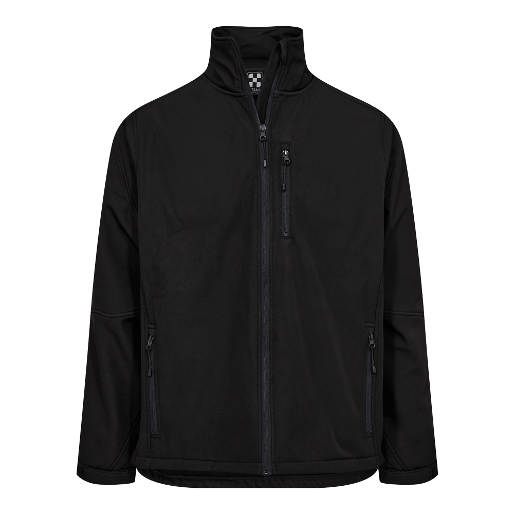 Sort softshell‑jakke med høj krave og gennemgående lynlås. Jakken har en diskret brystlomme med lodret lynlås samt to sidelommer, også med lynlåse. Materialet virker vind- og vandafvisende med et blødt, fleksibelt udtryk. Enkel, funktionel pasform uden synlig pynt, velegnet til udendørs brug eller arbejde hvor bevægelsesfrihed og beskyttelse er vigtigt. Neutral sort farve passer til mange outfits.