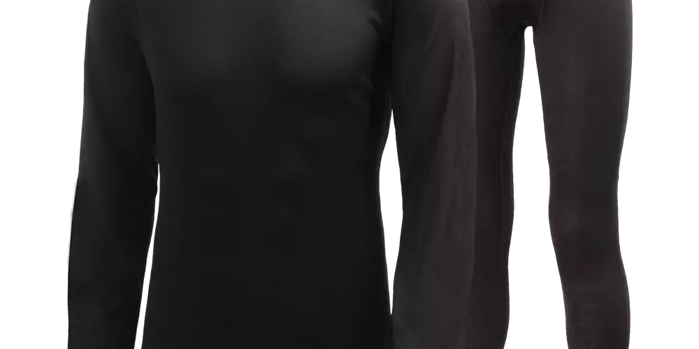 Et sort termoundertøjssæt bestående af en tætsiddende langærmet trøje og matchende lange underbukser. Materialet har en let vaffelstruktur, der antyder god isolering og fugttransport. Rund hals og ribkanter ved ærmegab og ankler giver tæt pasform, velegnet til lag-på-lag om vinteren eller som basislag ved outdoor-aktiviteter. Enkel, funktionel stil i neutral farve, nem at kombinere med øvrigt vintertøj.