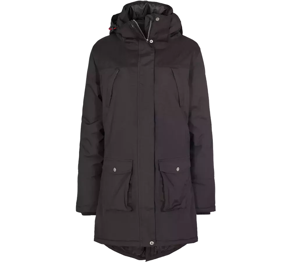 Analyse: Billedet viser en sort, vatteret parka med hætte og flere lommer.

En klassisk sort parka i lang model, designet til kolde og våde dage. Jakken har en stor hætte, lynlås med stormklap og to rummelige klaplommer nederst samt skjulte lynlåslommer på brystet. Materialet virker vind- og vandafvisende med fyld for ekstra varme. Snittet er lige og praktisk, hvilket gør den velegnet til både hverdag og outdoor-brug, samtidig med et enkelt, tidløst udtryk.