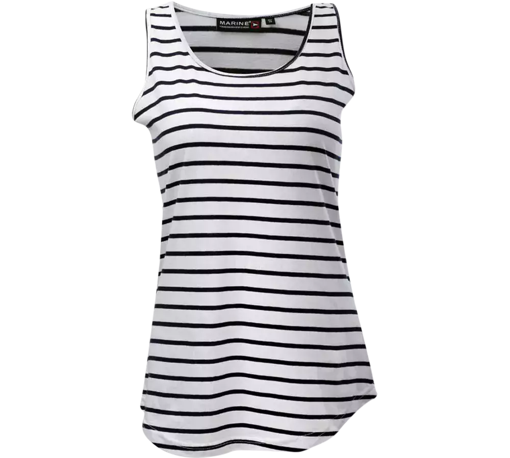 En enkel og tidløs hvid tanktop med sorte, vandrette striber. Den har rund hals og brede ærmegab, hvilket giver et afslappet og luftigt udtryk, perfekt til sommerbrug. Stoffet virker blødt og let, ideelt til lag-på-lag eller alene på varme dage. Den klassiske stribede stil gør den alsidig og nem at kombinere med jeans, shorts eller en let jakke.