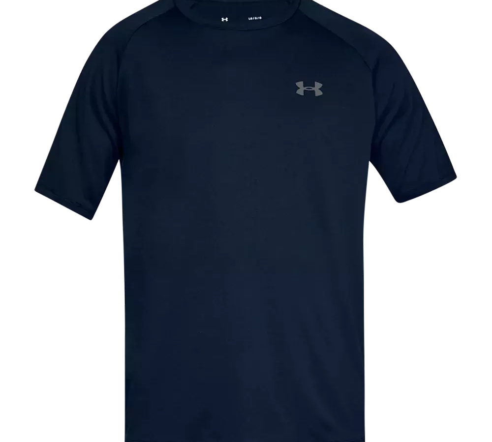 Mørkeblå, kortærmet trænings-T-shirt fra Under Armour. Enkel, tætsiddende pasform med rund hals og korte ærmer. Materialet ser ud til at være let, fugttransporterende og egnet til sport eller hverdag. Et diskret logo i brysthøjde tilføjer et stilrent, atletisk præg. T-shirten har rene syninger og en minimalistisk designlinje, som gør den alsidig og praktisk.