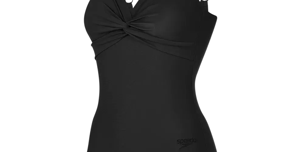 En elegant, sort badedragt i enkelt, tidløst design. Den har justerbare skulderstropper, en indviklet twist-detalje ved brystet og en blød, formsyet skæring, der giver understøttelse og en glat silhuet. Materialet virker mat og holdbart, med et diskret logo på hoften. Velegnet til både svømning og afslappet strandbrug, kombinerer den komfort og klassisk stil.
