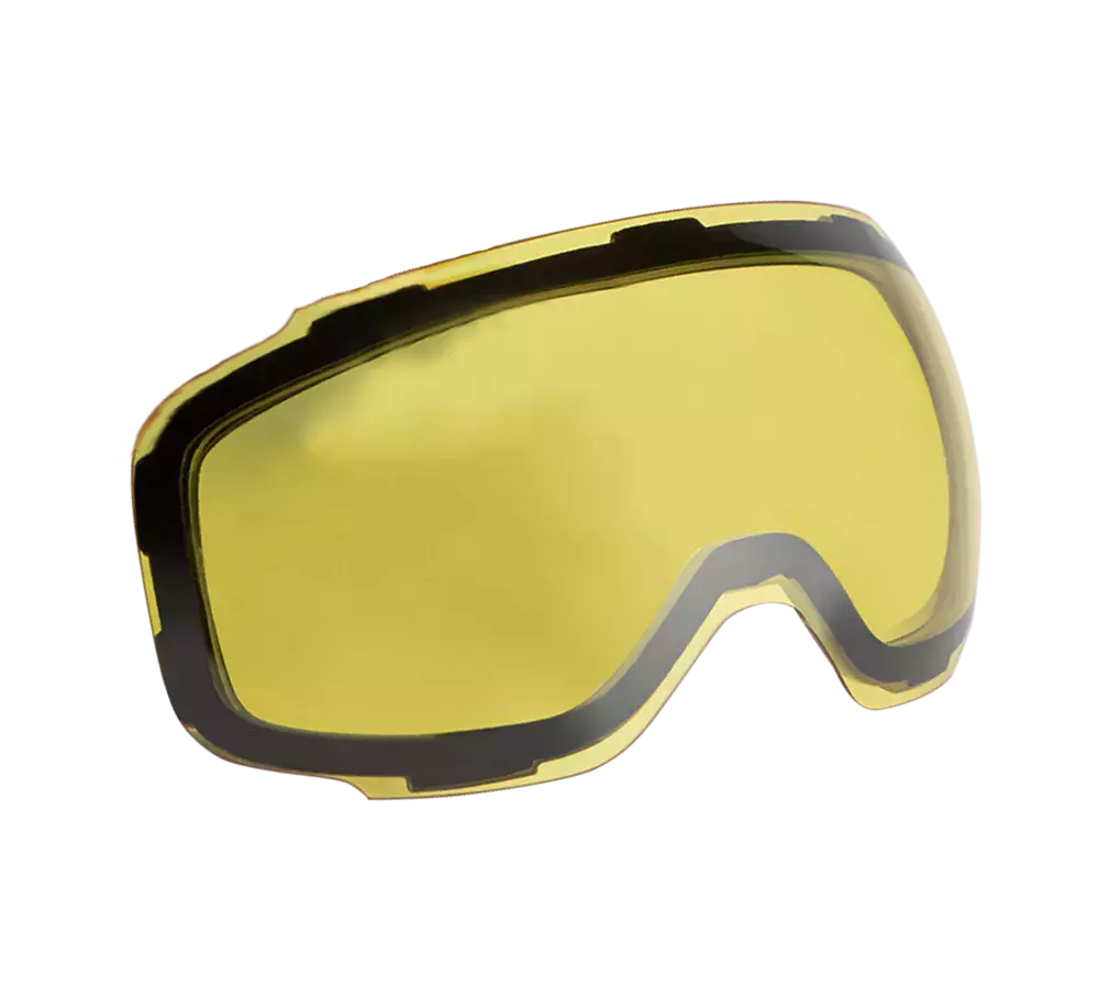 Dette billede viser en udskiftelig, buet linse til skibriller eller motocrossbriller. Linsen har en kraftig gul tone med sort ramme langs kanten og en markeret næsebro, der giver bredt udsyn. Den gule nuance øger kontrast og hjælper i fladt eller svagt lys, mens den buede form beskytter mod vind, sne og skidt. Designet fremstår robust og nemt at montere som reserveglas.