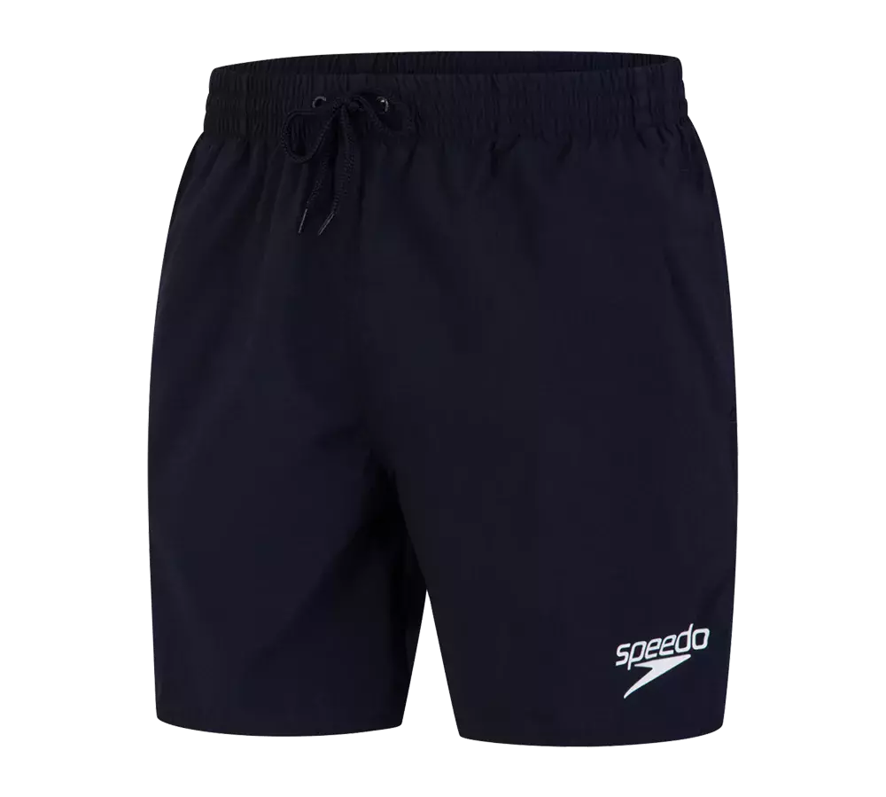 Et par mørkeblå Speedo badeshorts med elastisk talje og snor til justering. Shortsene har et enkelt, funktionelt snit med knælængde og et lille Speedo-logo nederst på venstre ben. Materialet virker let og hurtigtørrende, egnet til både træning og fritidsbrug ved stranden eller poolen. Designet er enkelt og tidløst, nemt at kombinere med forskellige badetøjstilbehør.