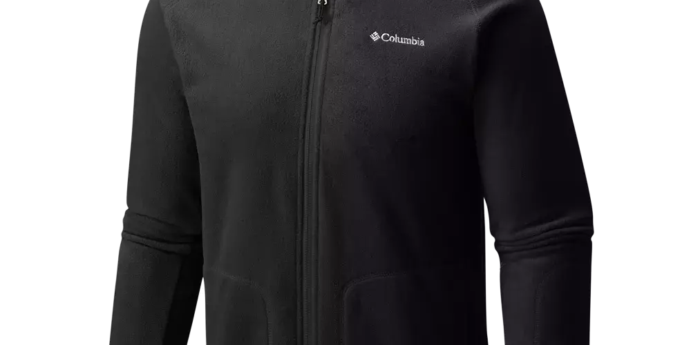 Sort Columbia fleecejakke med fuld lynlås og høj krave, designet til at holde på varmen uden at være tung. Jakken har sidelommer, diskret broderet Columbia-logo på brystet og rene, enkle syninger for et klassisk outdoor-look. Blødt fleecemateriale gør den behagelig mod huden og perfekt som mellemlag på kølige dage eller til afslappet hverdag samt let vandring og fritidsbrug.