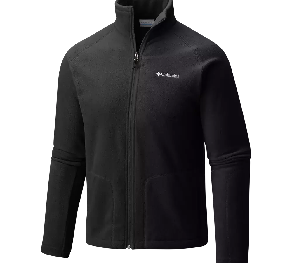 Sort Columbia fleecejakke med fuld lynlås og høj krave, designet til at holde på varmen uden at være tung. Jakken har sidelommer, diskret broderet Columbia-logo på brystet og rene, enkle syninger for et klassisk outdoor-look. Blødt fleecemateriale gør den behagelig mod huden og perfekt som mellemlag på kølige dage eller til afslappet hverdag samt let vandring og fritidsbrug.