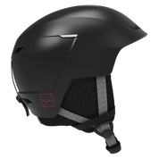 En elegant, mat sort hjelm designet til vintersport med aerodynamisk form og diskrete ventilationsåbninger. Polstret nakkestykke og bløde ørepuder giver komfort, mens justerbar hagerem sikrer sikker pasform. Hjelmen har en minimalistisk æstetik med subtile detaljer, herunder en lille rød ikon-mærkat og reflekterende stropper. Den virker robust og let, ideel til ski eller snowboard, hvor både beskyttelse og stil er vigtige.
