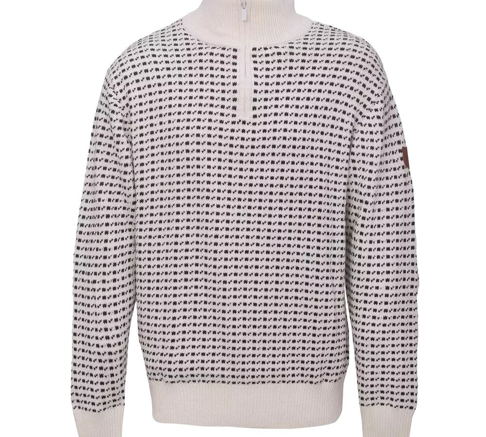 Varm og stilren trøje i strik med høj hals og kort lynlås midt for. Mønstret består af små, mørke prikker i et jævnt, geometrisk grid mod en lys baggrund, hvilket giver et minimalistisk nordisk udtryk. Ribkanter ved ærmer og talje sikrer en god pasform. Perfekt til kolde dage, kan styles med jeans eller uldfrakke for et afslappet, moderne look.