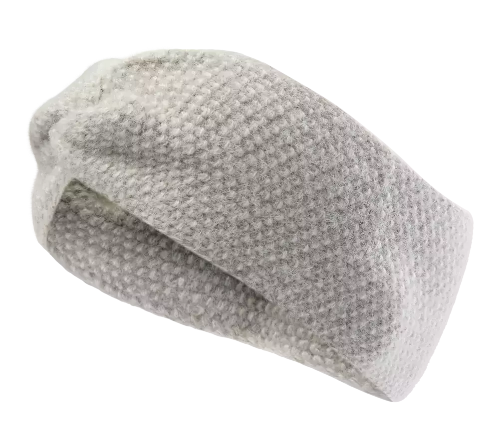 Et lyst gråt, strikket pandebånd eller hue i blødt, bouclé-lignende garn. Det har en tæt, struktureret strik og et diskret vrid foran, der giver en moderne men enkel stil. Perfekt til kølige dage, holder ørerne varme uden at være for voluminøst. Materialet ser behageligt og isolerende ud, egnet til hverdagsbrug eller som et stilfuldt vintertilbehør.