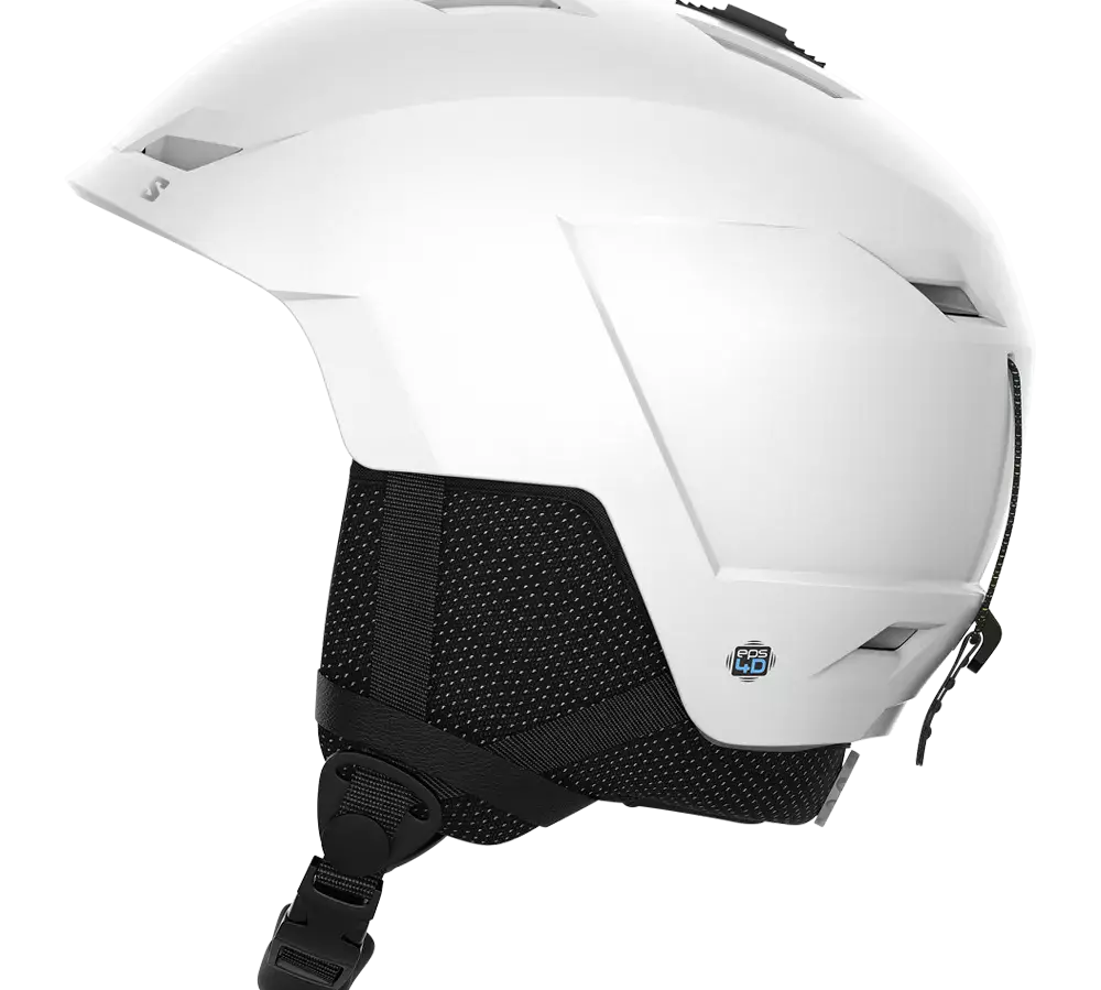 En moderne hvid skihjelm med strømlinet, aerodynamisk form og mat overflade. Hjelmen har diskrete ventilationsåbninger i top og bag, samtidig med bløde polstrede øremuffer i sort mesh. Den justerbare hakestroppen sikrer god pasform, og et lille logo angiver avanceret støddæmpningsteknologi (EPS 4D). Designet kombinerer sikkerhed, varme og et minimalistisk, funktionelt udtryk til vinterbrug.