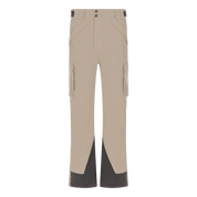 Et par beige friluftsbukser med cargo-lommer på lårene, høj talje og to knapper i taljen. Bukserne har justerbare taljespænder og forstærkede, mørke paneler nederst ved benene. Materialet ser robust og vandafvisende ud, med et rent, funktionelt snit der tillader bevægelse. Designet kombinerer praktisk opbevaring med minimalistisk stil, ideelt til outdoor-aktiviteter og skiturer i køligt eller fugtigt vejr.