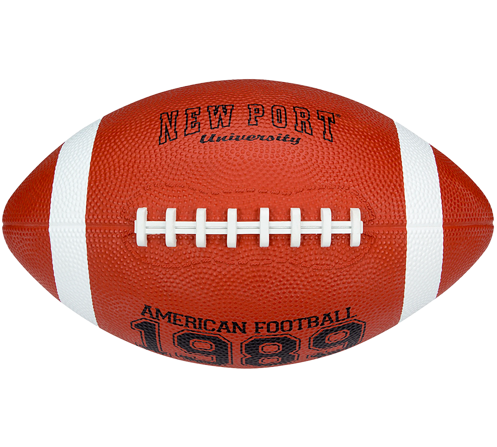 Et klassisk amerikansk football i brunt, let struktureret læder med tydelige hvide striber i hver ende og hvide snørebånd midt på. Boldens ru overflade giver godt greb, og tryk på siden viser teksten "New Port University" samt "American Football 1989". Designet er enkelt og funktionelt, velegnet til træning eller fritidsspil og signalerer sport og holdånd.