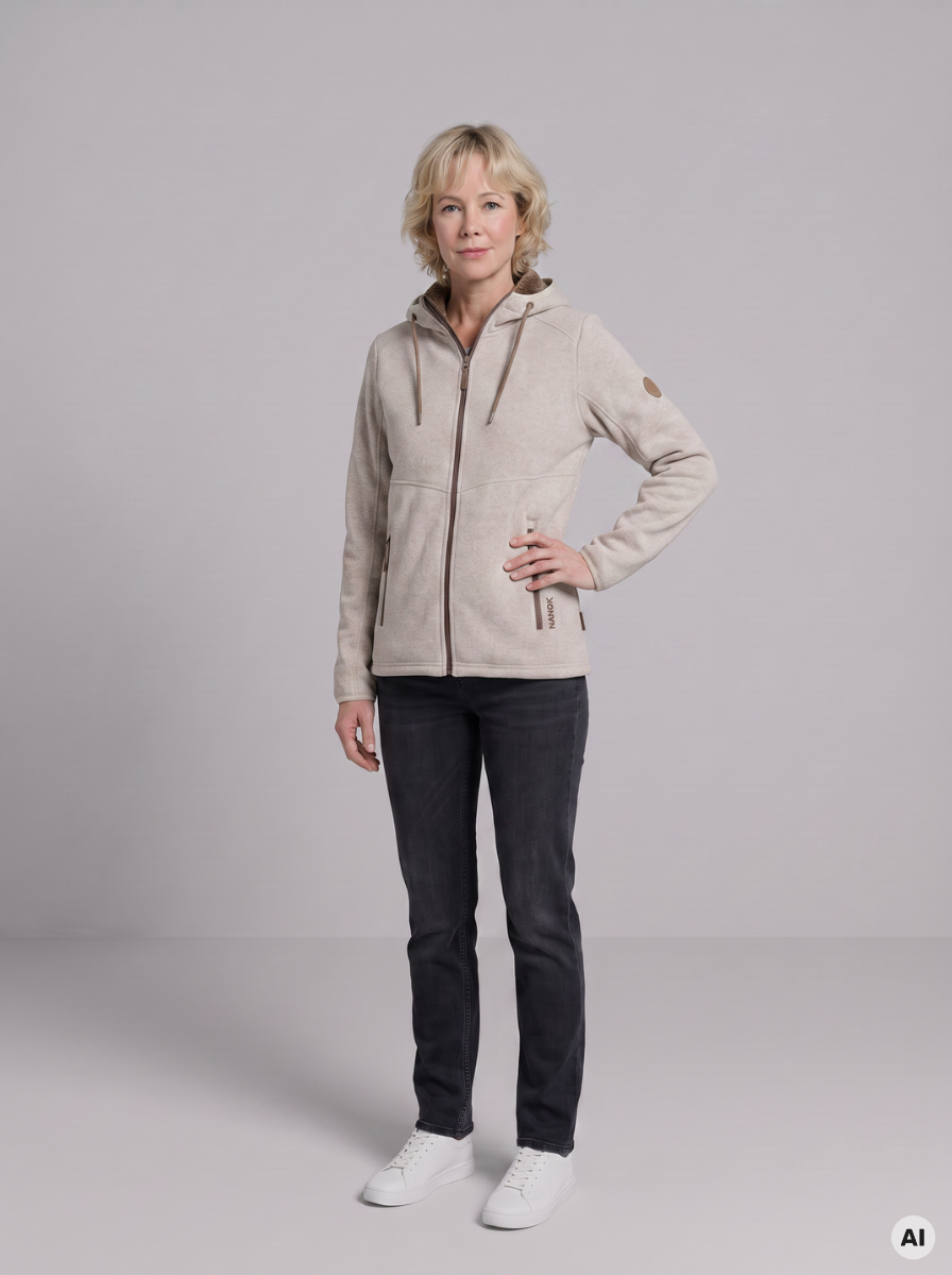 Kvinde i beige fleecejakke med hætte og lynlås, mørke jeans på grå baggrund.