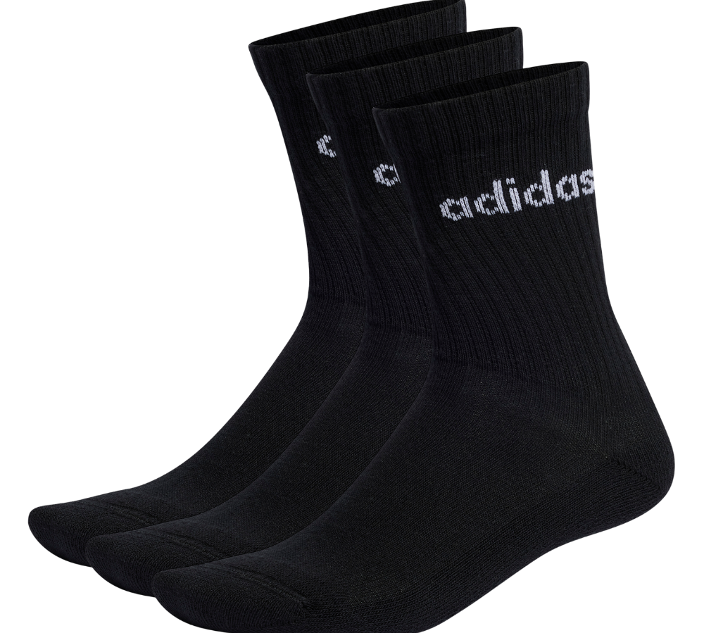 Billedet viser et sæt på tre sorte mellemhøje strømper fra Adidas. Strømperne har ribstruktur langs skaftet, forstærket hæl og tå samt diskret hvide adidas-logoer ved kanten. De ser bløde og tætsiddende ud med let polstret foddel, velegnet til hverdag og sport. Den ensfarvede, minimalistiske stil gør dem nemme at kombinere med sneakers og afslappet tøj.