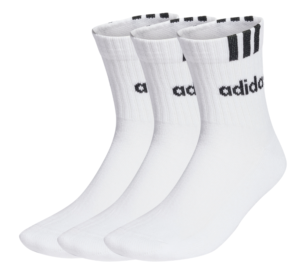 Et sæt tre hvide adidas-sokker i midterhøjde, prydet med sorte tre striber og det velkendte adidas-logo langs skaftet. Sokkerne har ribstrikket skaft for god støtte, blød og åndbar bomuldsblanding samt forstærket hæl og tå for øget holdbarhed. Designet er enkelt og sporty, velegnet til hverdag, træning eller fritidsbrug og passer nemt til sneakers og træningstøj.
