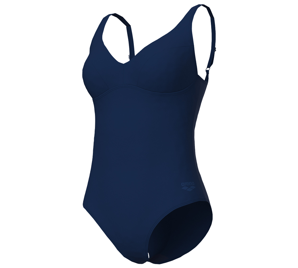 Dette billede viser en elegant, ensfarvet mørkeblå badedragt i enkelt og funktionelt design. Badedragten har formsyede skåle for støtte, smalle justerbare skulderstropper og en blød, strømlinet silhuet med minimalt synlige syninger. Materialet fremstår som glat, elastisk badestof egnet til svømning og fritidsbrug. Diskrete logo-detaljer nederst på hoften giver et sporty præg uden at dominere udtrykket.