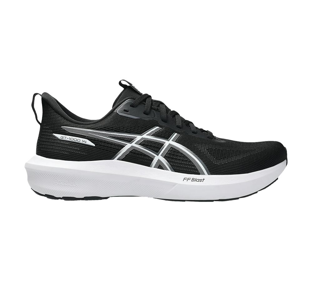Sort og hvid løbesko med moderne, strømlinet design. Overdelen er i åndbart mesh med ASICS’ karakteristiske striber og mærkning "GT‑1000 14". Skoens pudeformede hvidmidtsåle (FF Blast) giver responsiv affjedring, mens den faste hælkappe og polstrede krave sikrer stabilitet og komfort. Gummiydersålen har lavprofilmønster for godt greb. Egnet til daglig træning, lette løbeture og hverdagsbrug.