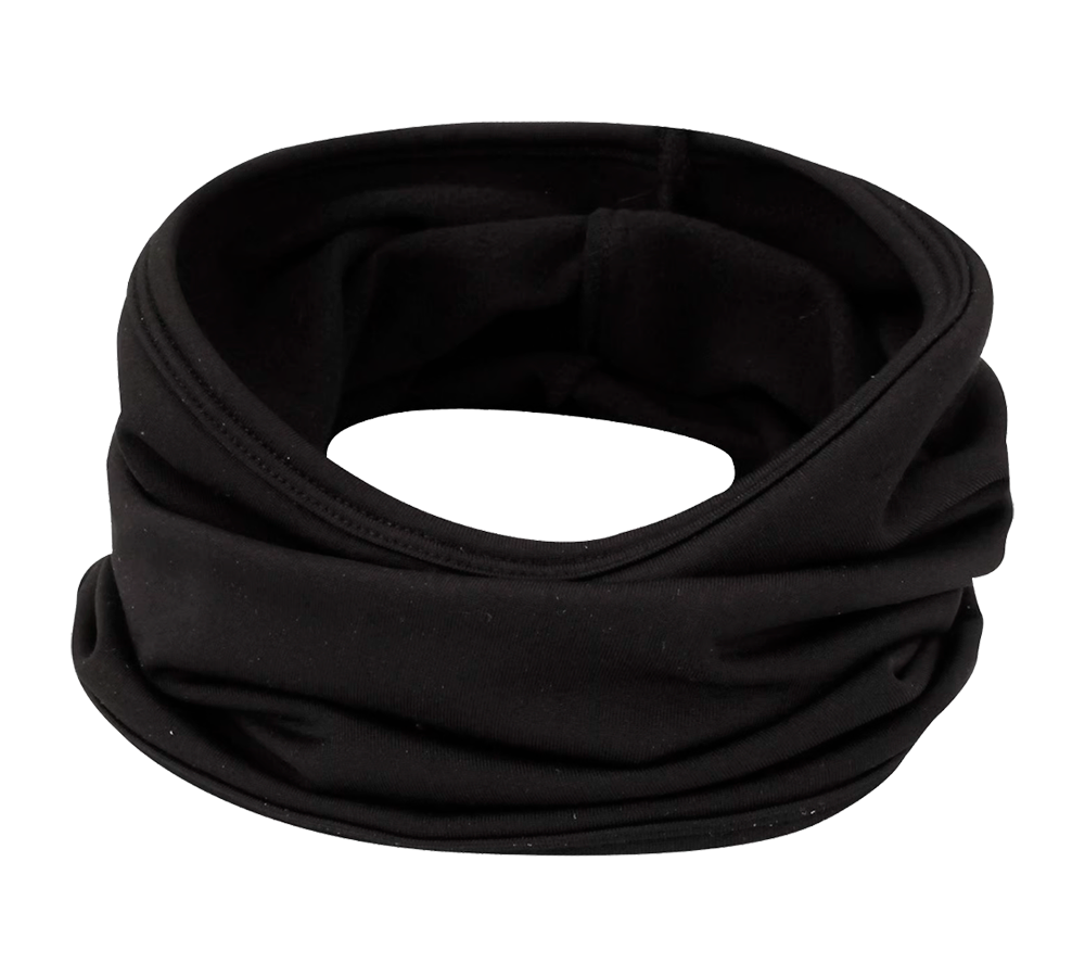 neck gaiter i blødt, strækbart stof med enkle syninger, formet som en rund tube. Produktet fremstår tykkere og let rynket, hvilket giver god isolering omkring hals og under ansigt. Alsidig i brug — kan bæres som halsedækken, ansigtsmaske, pandebånd eller hueindlæg ved udendørs aktiviteter og koldt vejr. Diskret, tidløst design i ensfarvet sort, nem at pakke og vedligeholde.