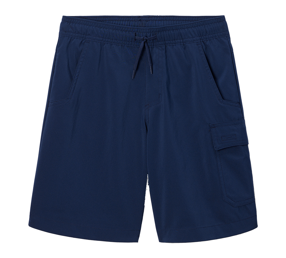 Et par marineblå shorts med elastisk talje og justerbar snor. Shortsene har skrå sidelommer og en ekstra cargo-lomme på højre side med klap, hvilket giver praktisk opbevaring. Materialet ser let og åndbart ud, med enkel sømdetaljering og en casual, alsidig pasform. Perfekte til afslappede dage, sport eller strandture. Nem at kombinere med t-shirts eller sandaler.