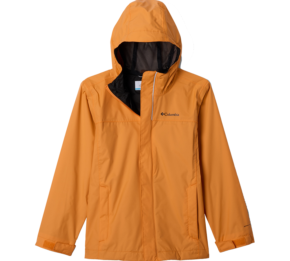 En orange Columbia regnjakke med hætte og sort meshforing, designet til udendørs brug. Jakken har lynlås med stormflap, to sidelommer og justerbare ærmeafslutninger med velcro. Det rene, funktionelle snit og den lette, vandafvisende overflade gør den praktisk til vandreture og hverdag i regnvejr. Diskret logo på brystet understreger det sporty, troværdige udtryk.