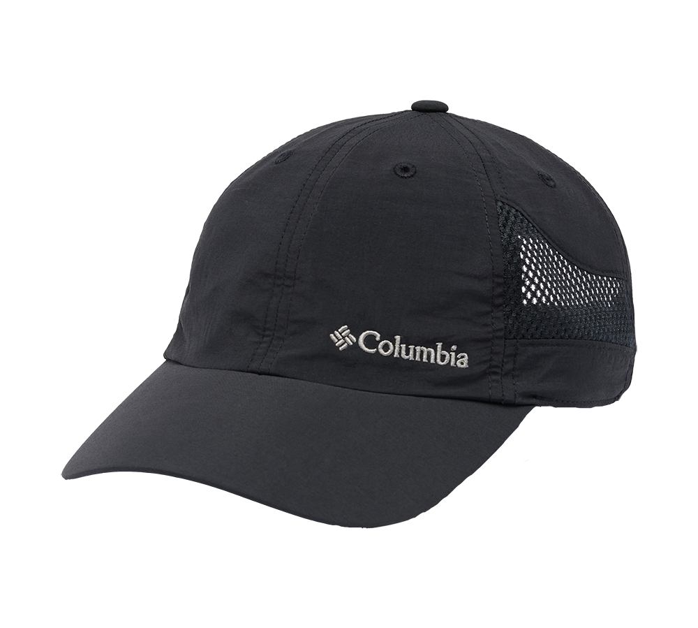 En sort Columbia-caps i enkel, funktionel stil. Kasketten har en buet skygge, let formsyet krone og netindlæg i siderne for ekstra ventilation. Det hvide broderede Columbia-logo står diskret på fronten. Materialet virker let og hurtigtørrende, hvilket gør hatten velegnet til udendørs aktiviteter, træning eller hverdag, hvor solbeskyttelse og åndbarhed er i fokus.