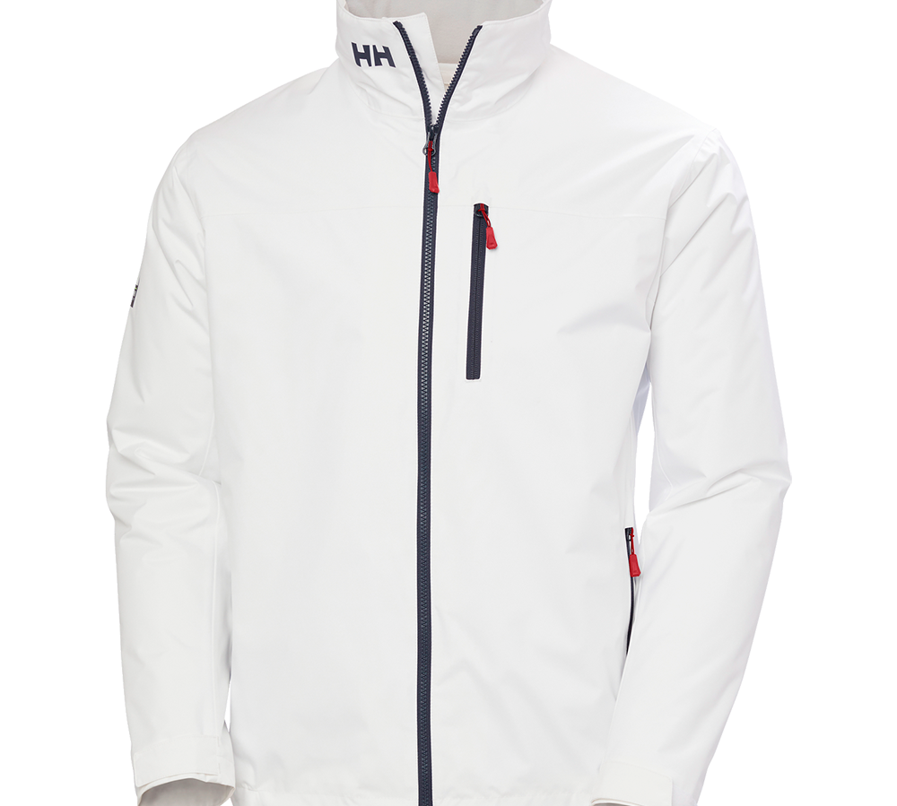 En moderne, hvid softshell- eller regnjakke med høj krave og diskret HH-logo ved halsen. Jakken har en sort, centrallukket lynlås og flere vandtætte lynlåslommer, herunder en brystlomme og sidelommer med røde trækflapper. Ærmerne er lange med justerbare manchetter, og snittet er enkelt og funktionelt, velegnet til udendørs aktiviteter eller hverdag, hvor et stilrent, praktisk look ønskes.