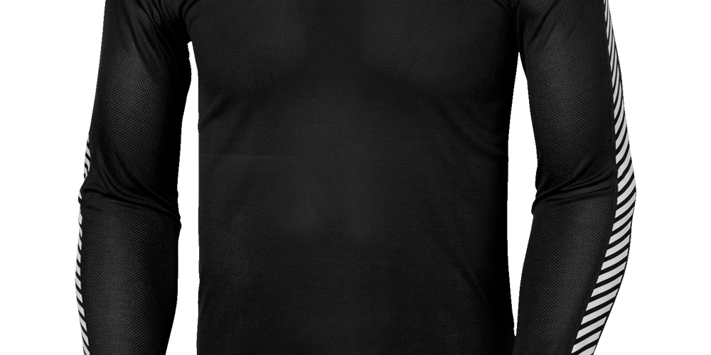 Sort, tætsiddende langærmet trøje med rund hals, udført i let, åndbart mesh-materiale. Ærmerne prydes af karakteristiske hvide, skrå striber langs ydersiderne, og ribkant ved håndleddene giver god pasform. Designet er minimalistisk og funktionelt med diskret branding ved kraven, hvilket gør trøjen velegnet til både træning og hverdagsbrug. Enkel, moderne stil med fokus på komfort og bevægelsesfrihed.