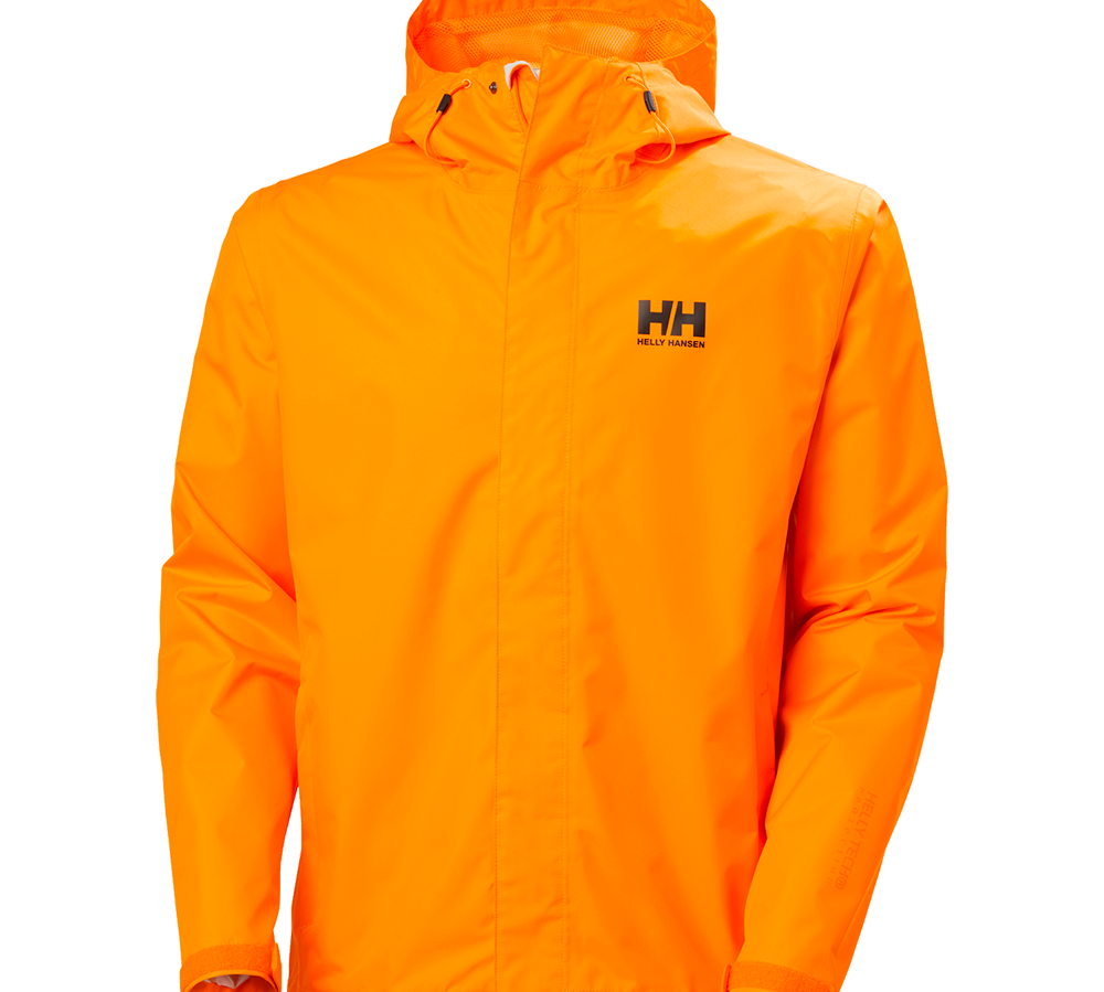 Et skarpt orange regnjakke fra Helly Hansen ses i billedet. Jakken har hætte med snor, skjult lynlås og et minimalt design med HH-logo på brystet. Materialet ser vandafvisende og glat ud, med justerbare manchetter og et lige snit. Farven er meget synlig og velegnet til udendørs aktiviteter eller arbejde, hvor høj sigtbarhed og beskyttelse mod vejret er vigtig.
