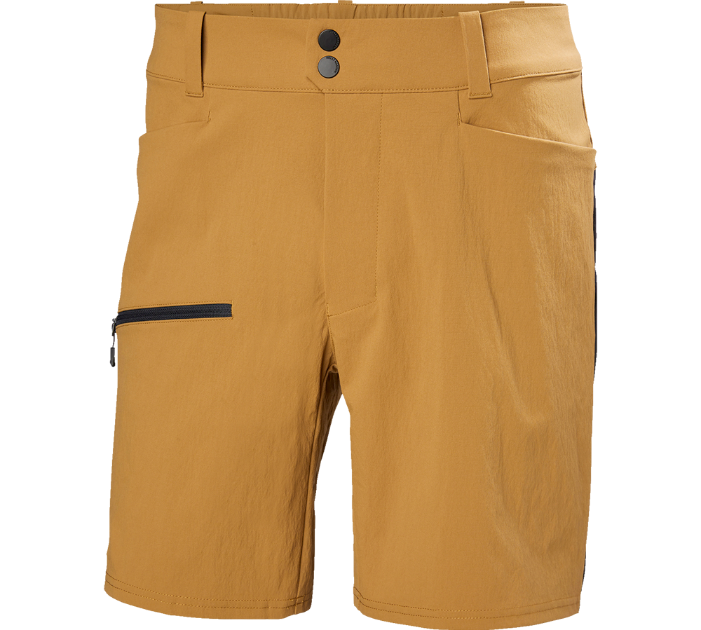 Et par lette, karamelgule shorts i teknisk stof med rene linjer og funktionelle detaljer. Midje med bæltestropper og to matte sorte trykknapper, to skrå forlommer samt en lynlåslomme i siden til småting. Knælang pasform og diskrete sømme giver et minimalistisk, aktivt udtryk, velegnet til vandring og hverdag. Materialet virker hurtigtørrende og åndbart, hvilket øger komforten ved bevægelse.