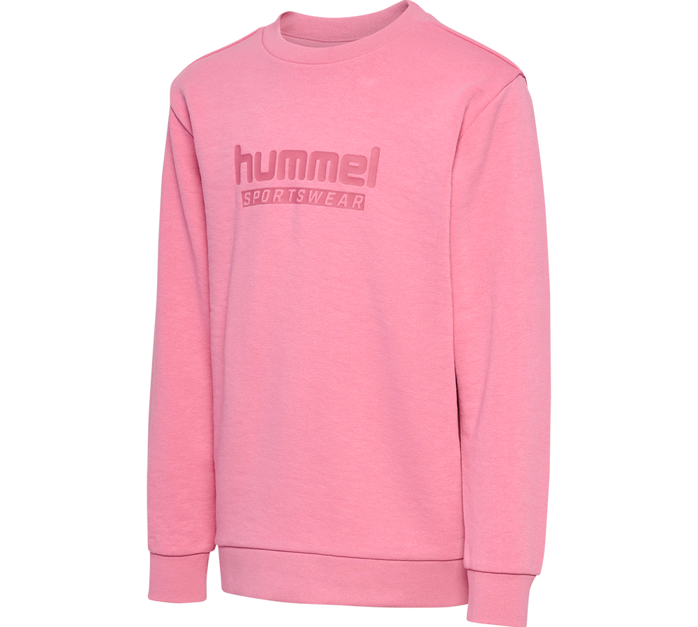 Lyserød crewneck-sweatshirt fra Hummel med enkelt, ton-i-ton logo "hummel SPORTSWEAR" midt på brystet. Trøjen har rund hals, lange ærmer og ribkanter ved ærmer og bund, og virker blød og fleece-agtig i stoffet. Det enkle, sporty design giver et afslappet hverdagslook, der egner sig til både fritid og let træning. En neutral, moderne basics-trøje.