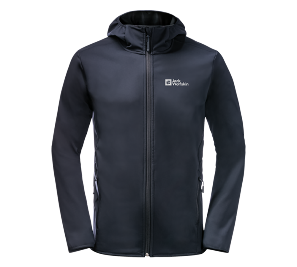 En mørkeblå softshell-jakke med hætte fra Jack Wolfskin, designet til alsidig brug. Jakken har en hel lynlås, to sidelommer med lynlås og et diskret logo på brystet. Materialet virker smidigt og tætsiddende, egnet til udendørsaktiviteter og hverdagsbrug. Den fremstår let vind- og vandafvisende, samtidig som den ser stilren og funktionel ud.
