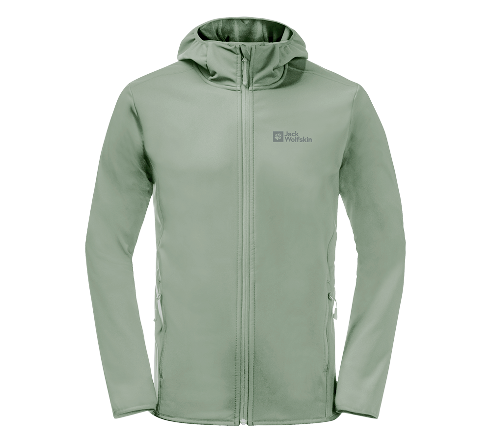 Lysegrøn, let jakke fra Jack Wolfskin med synligt logo på brystet. Den har hætte, hel lynlås og to sidelommer med lynlås, lange ærmer og en strømlinet, tætsiddende pasform. Materialet virker blødt og vindafvisende, egnet til vandreture og hverdagsbrug i køligt vejr. Det enkle, minimalistiske design giver både funktionalitet og et roligt, moderne udtryk.