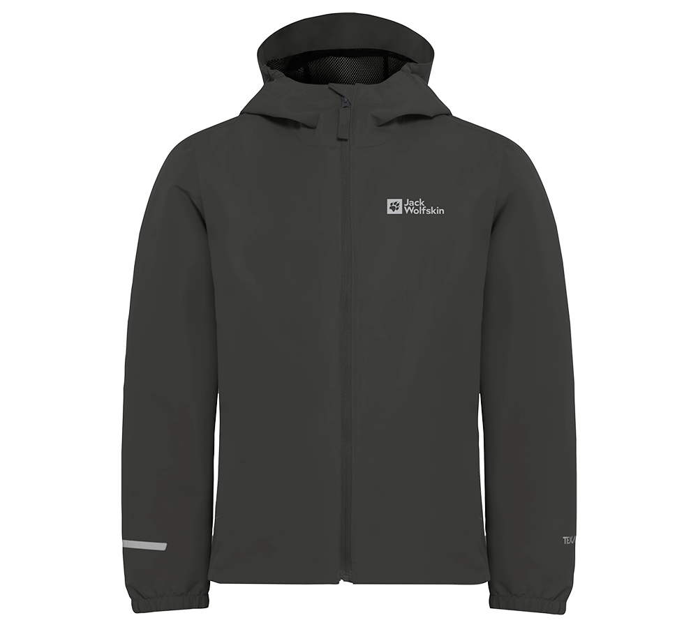 En mørkegrå, teknisk jakke med hætte fra Jack Wolfskin. Jakken har en enkel, funktionel silhuet med fuld lynlås, elastiske ærmekanter og synlige reflekser på håndleddet. Indvendigt ses en mesh‑foring i hætten, og materialet ser ud til at give beskyttelse mod vind og let regn. Det minimalistiske design og det tydelige logo gør jakken velegnet til udendørsaktiviteter og hverdag.