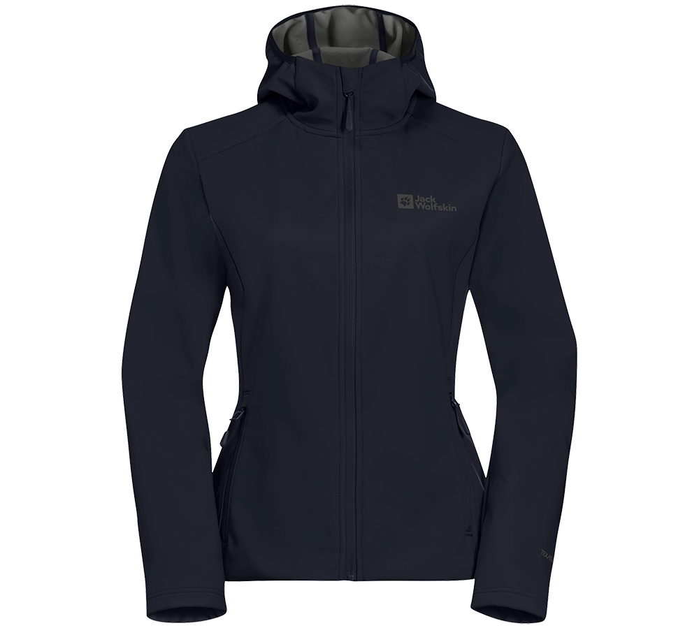En mørk marineblå softshell-jakke med hætte og fuld lynlås, designet i en slank, feminin pasform. Jakken har to sidelommer med lynlås, en diskret Jack Wolfskin-logo på brystet og glatte syninger for et minimalistisk udtryk. Funktionel og alsidig, ideel til friluftsliv og hverdag i overgangsvejr, hvor let beskyttelse mod vind og let regn er ønskelig.