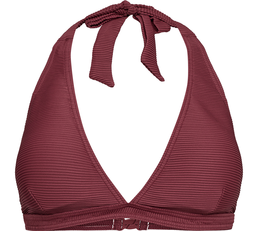 En stilren bikinitop i dyb burgunder med ribbet struktur, vist på en hvid mannequin. Designet har trekantede skåle, halterneck med bindebånd og justerbar lukning ved ryggen. Synlige sømme og elastisk kant giver god støtte og et raffineret, struktureret udtryk. Perfekt til strand og pool med et enkelt, elegant og tidløst look.