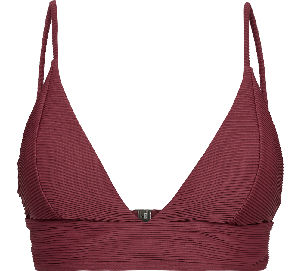 Den viste bikini- eller bralette-top er i en dyb bordeauxfarve med en tydelig ribbet struktur. Den har trekantede skåle og en markant V-udskæring, et bredt underbånd for støtte og smalle skulderstropper. Et lille metalspænde midt foran afslutter designet. Stilen kombinerer enkel elegance med komfort og egner sig både til strandbrug og som en afslappet, sporty hverdags-top.