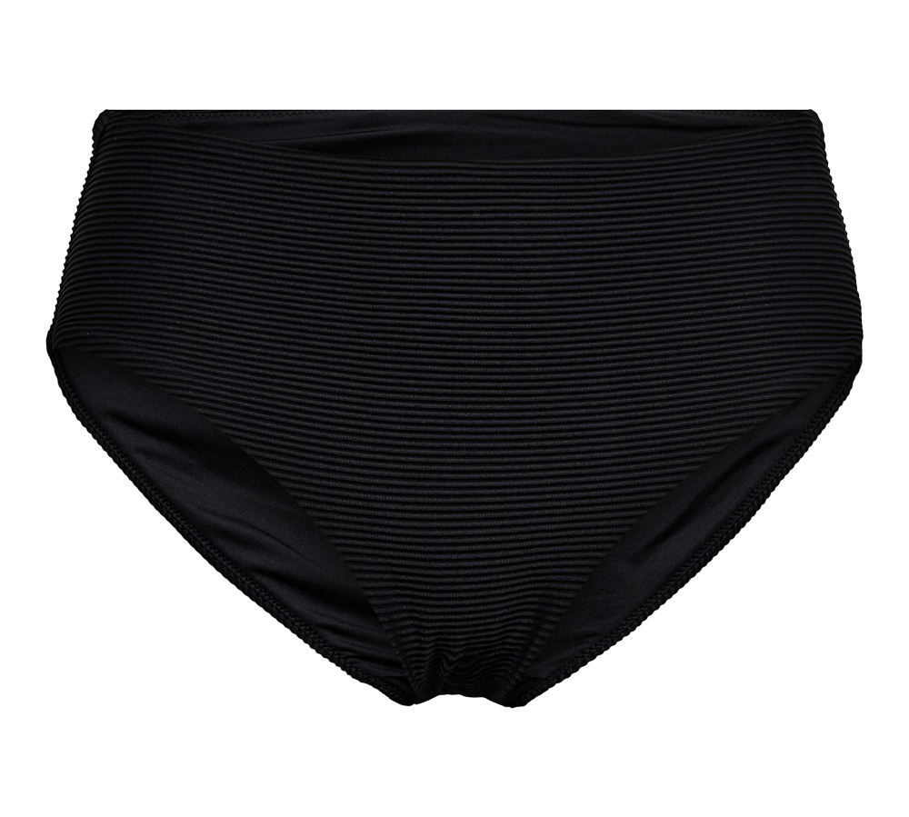 bikinibund i høj talje. Stoffet har tætte, vandrette riller, som giver tekstur og et elegant, moderne udtryk. Skæringen er fyldig med god dækning over mave og hofter, mens elastiske kanter sikrer en tæt og behagelig pasform. Materialet virker smidigt og formfast, velegnet til både badetøj og hverdagens undertøj for et minimalistisk, tidløst look.
