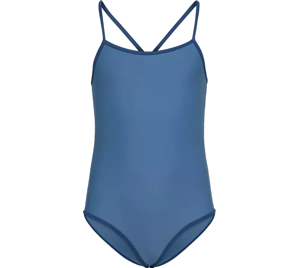 En enkel, ensfarvet blå badedragt i klassisk tankini‑snit med smalle skulderstropper, der krydser let bagpå. Stoffet virker glat og elastisk med mat finish, og syninger langs kanter giver et rent, minimalistisk udtryk. Badedragten har moderat udskæring ved benene og en lige halsudskæring, hvilket gør den velegnet til både svømning og afslappet strandbrug for dem, der foretrækker enkelhed.