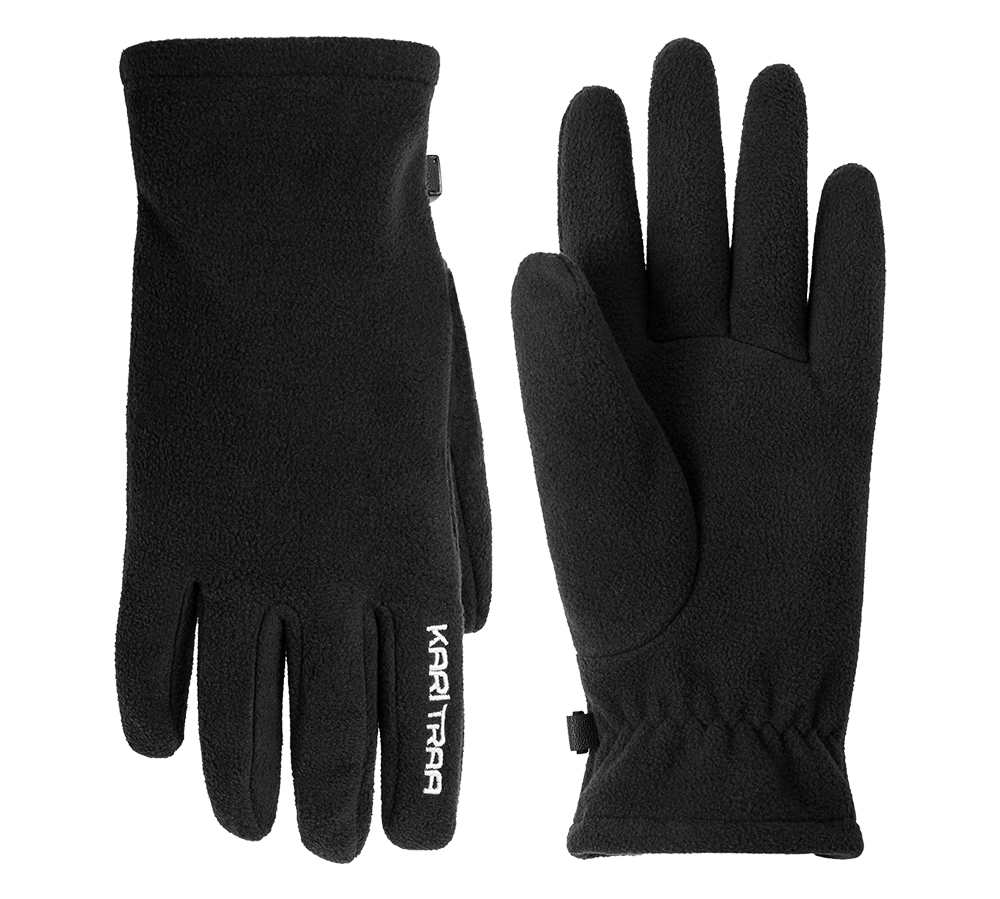 Et par sorte fleecelhandsker med enkelt og funktionelt design. Handskerne er i blødt, varmeisolerende materiale med elastisk håndled for god pasform og let forstærkning ved tommel og håndflade for ekstra komfort. Det diskrete hvide "Kari Traa"-logo på fingeren giver et stilrent præg. Velegnede til hverdag og udendørsaktiviteter i køligt vejr, hvor varme og bevægelsesfrihed er vigtige.