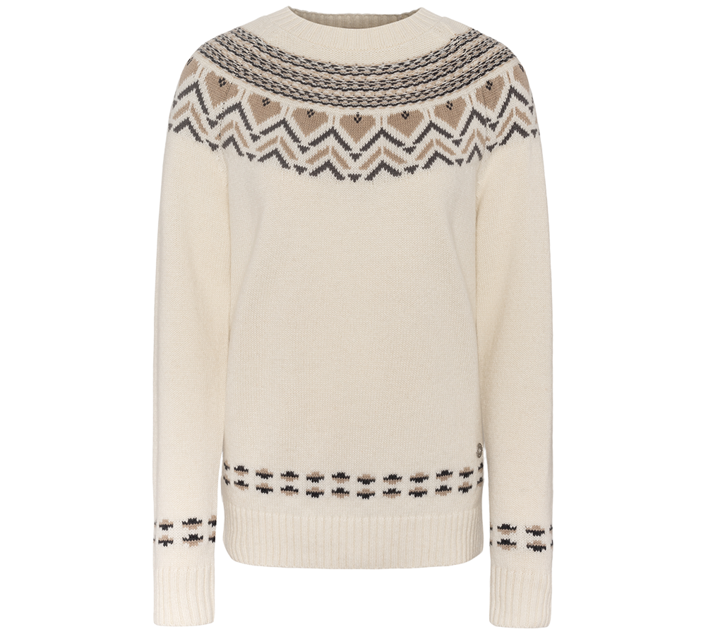 En varm, cremefarvet sweater med rund hals og tæt strik, perfekt til kolde dage. Øverst ved bærestykket ses et nordisk-inspireret mønster i beige, sort og brunt med geometriske elementer og små hjerteformer. Ærmer og kant har diskrete mønstre, som fuldender det enkle, hyggelige udtryk. Sweateren har en klassisk, lidt løs pasform og udstråler både tidløs elegance og komfort.