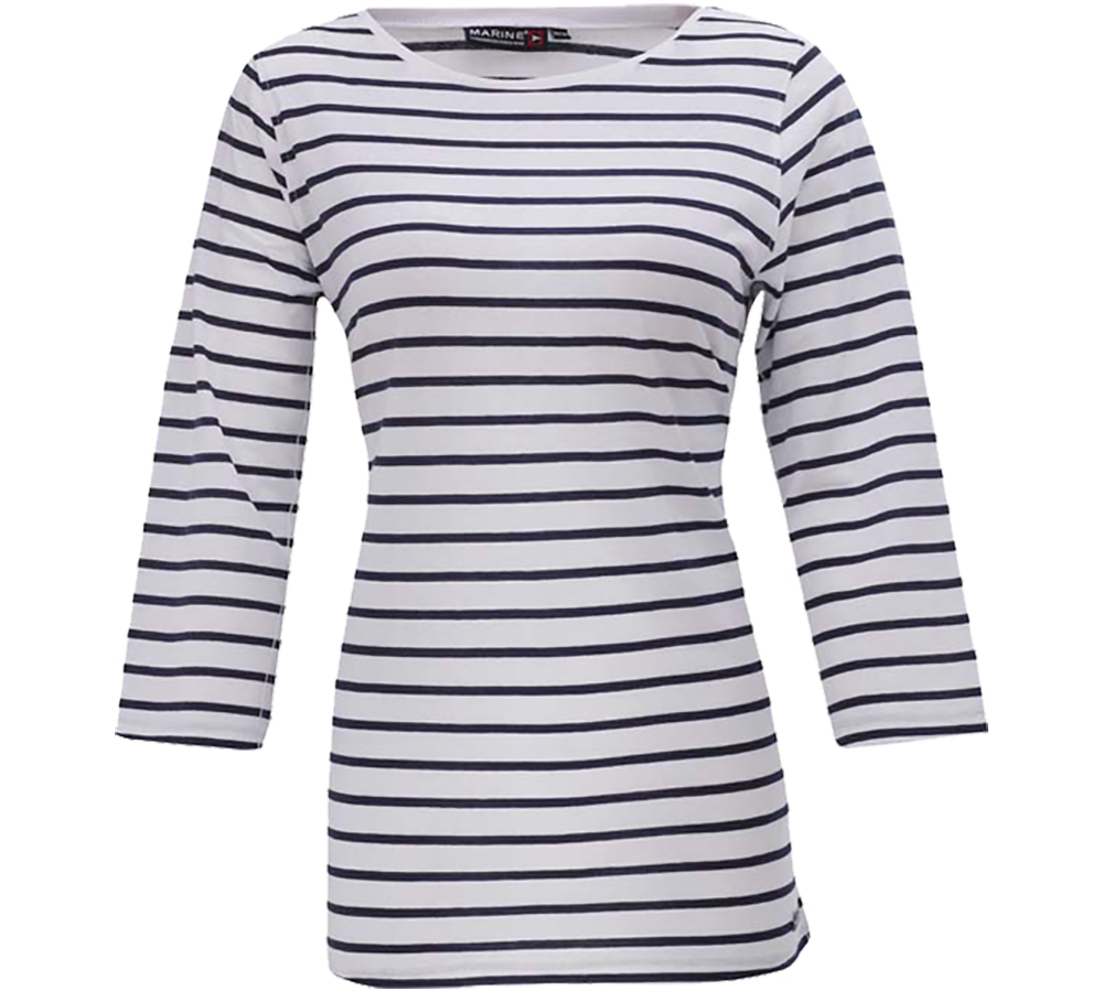 Hvid og navyblå marinerstribet bluse med klassisk bådudskæring og trekvartærmer. Den let figursyede silhuet og de lige, smalle striber giver et tidløst, elegant udtryk. Fremstillet i blødt, åndbart materiale egnet til hverdagsbrug; nem at style med jeans, chinos eller en nederdel. Enkel finish og diskrete sømme gør den alsidig og velegnet til både afslappede og mere sofistikerede outfits.