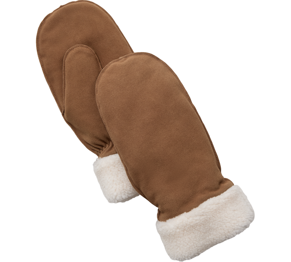 Fotoet viser et par brune votter med et ruskindslignende ydre og en kraftig, hvid teddy- eller lammeuldsmanchet. Votterne har et enkelt og tidløst design med elastik ved håndleddet, som holder varmen inde. Materialet ser blødt og isolerende ud, ideelt til kolde vinterdage og udendørsaktiviteter. De fremstår både praktiske og stilrene, velegnede som hverdagsvotter eller som en varm gave.