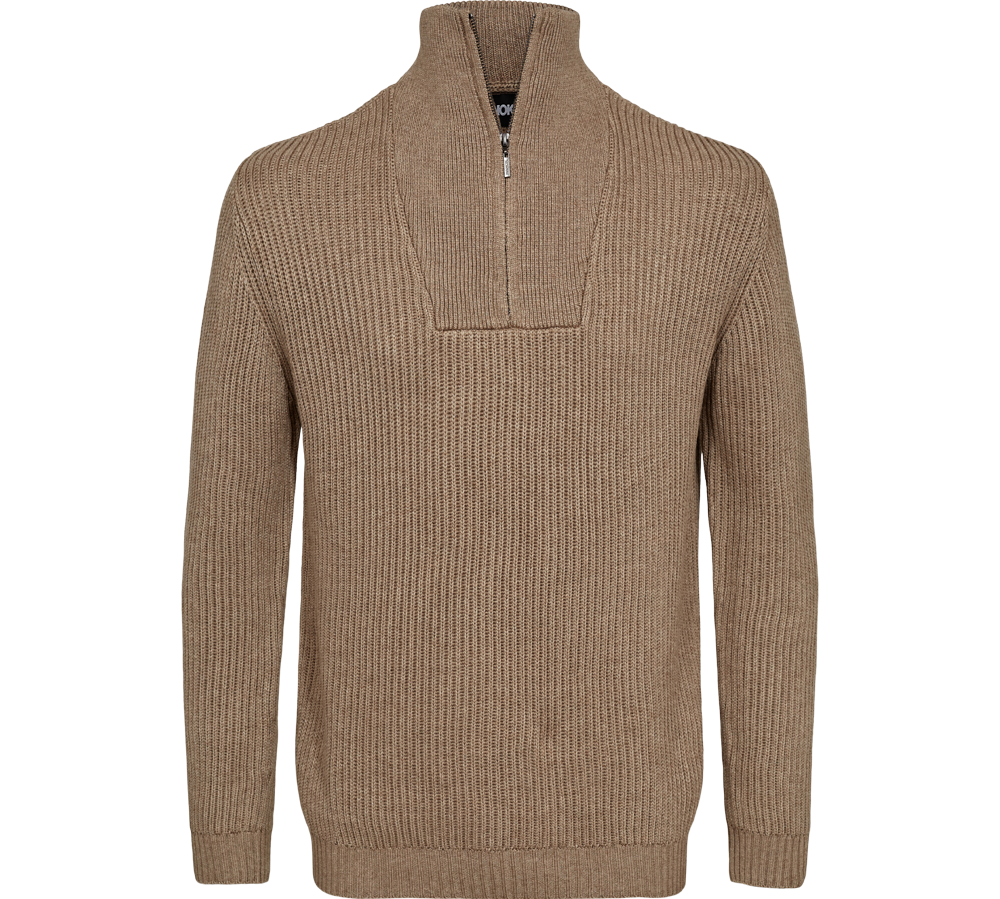 En varm, beige striktrøje med kraftig ribstrik og en kort, høj lynlås-hals, som giver et sporty og elegant udtryk. Trøjen har lange ærmer, ribstrikkede manchetter og kant i bunden, hvilket sikrer god pasform og varme. Den neutrale farve og enkle silhuet gør den alsidig til både hverdag og mere afslappede efterårs- og vinteroutfits.