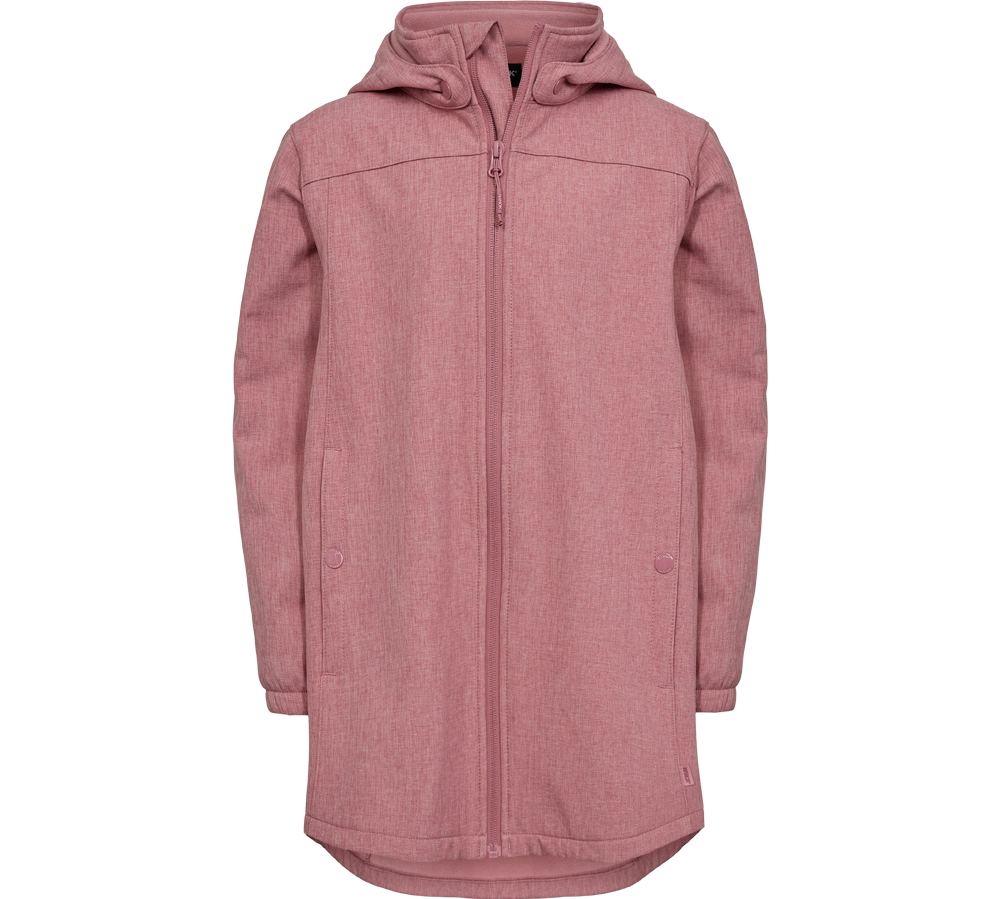 En elegant, rosa softshell-agtig jakke med hætte og fuld lynlås. Jakken har et enkelt, strømlinet snit, let forlænget bagkant og skjulte lommer med trykknapper for et minimalistisk udtryk. Materialet virker struktureret og vindafvisende, egnet til køligt, fugtigt vejr. Ærmerne er let elastiske ved håndleddene, og den neutrale farve gør jakken nem at kombinere med både hverdagstøj og mere afslappede outfits.